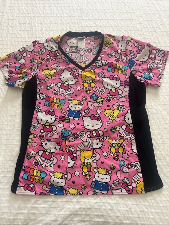 Hello Kitty Tops - Hello Kitty Pink and Black Cartoon Print Scrub Top
